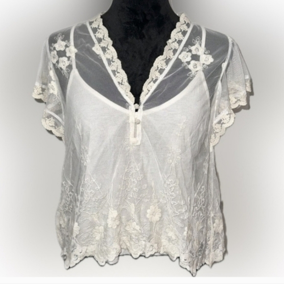ANTHROPOLOGIE Cream Lace Flutter Sleeve Romantic Fairy Boho Gypsy Blouse Cami S - Picture 9 of 16